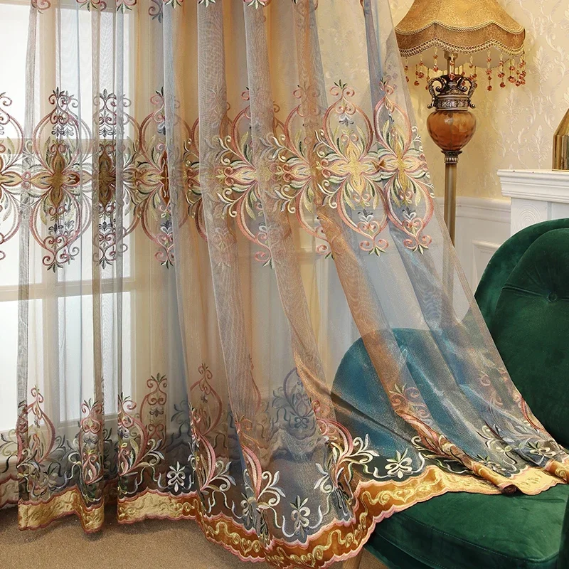 

European American Colorful Embroidery Balcony Study Embroidered Window Finished Custom Curtains for Living Dining Room Bedroom