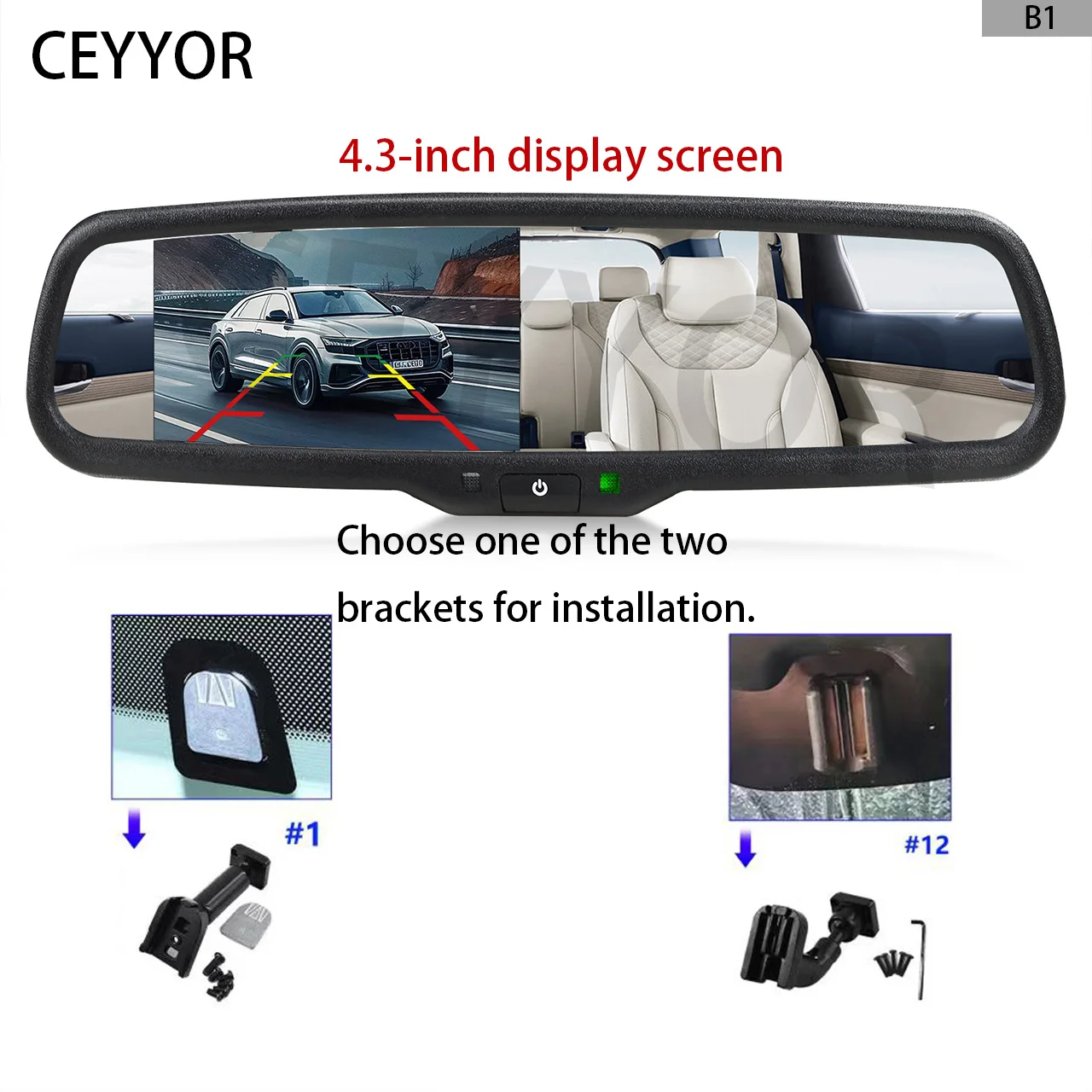 

The 4.3-inch rearview mirror display can be used in conjunction with the shop's brake light camera.