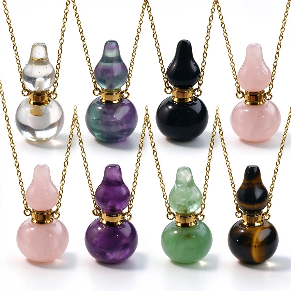 1PC Hollow Calabash Gemstone Aroma Diffuser Necklace Women Mini Scent Container Neck Jewelry Golden Plated N2C1105