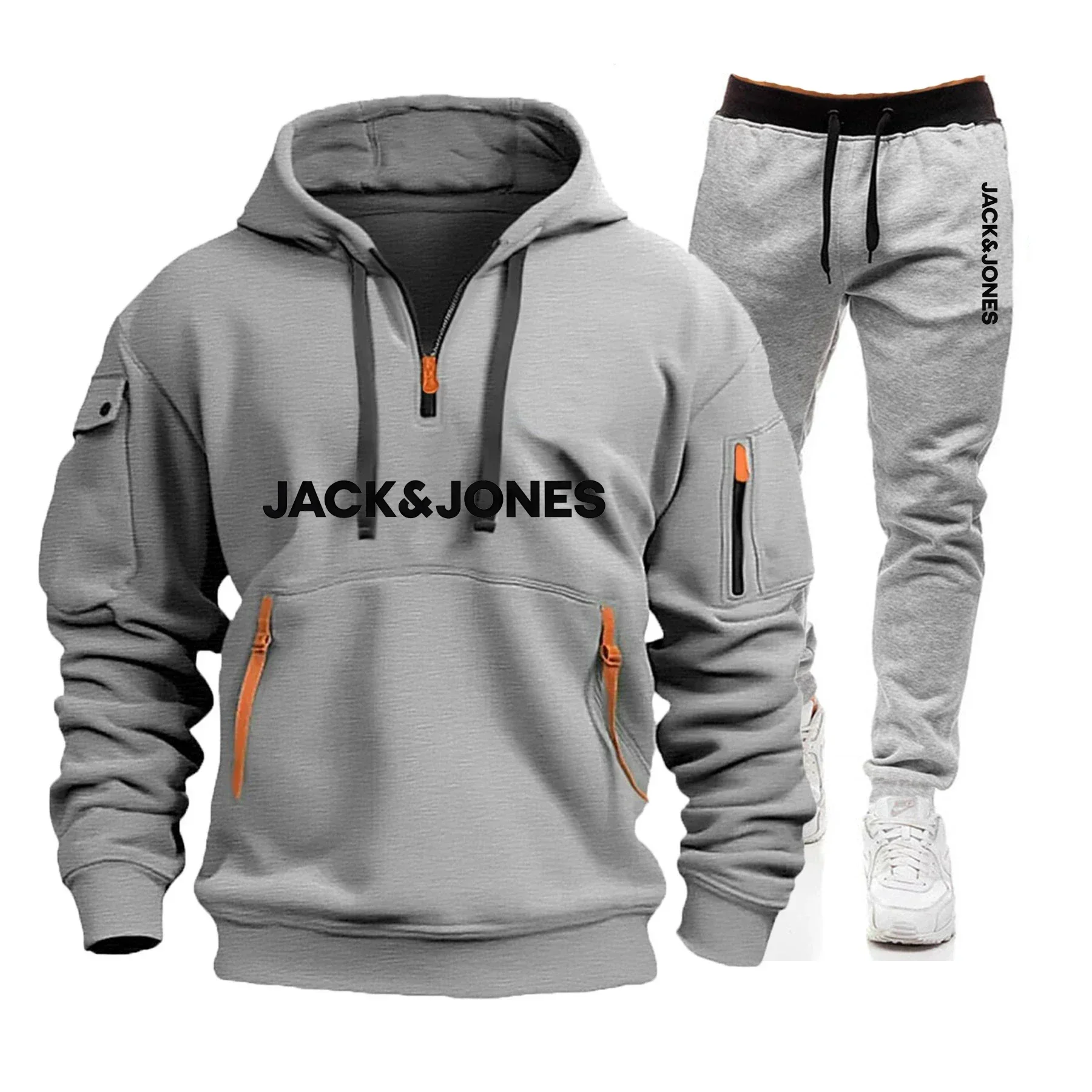 

New Autumn and Winter Men's Casual and Fashionable Multi-pocket Outdoor Zipper Pull-up Sweatshirt and Fitness Jogging Pants Set