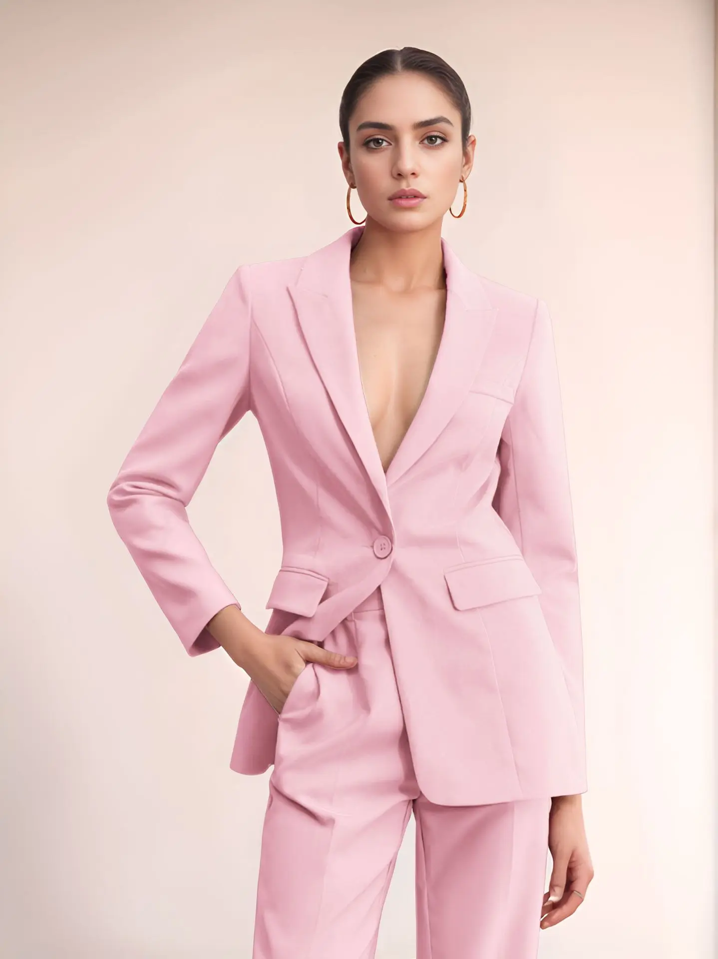 

Розовый женский костюм больших размеров, комплект из двух предметов, однобортный, приталенный, темпераментный, подходит для делового рабочего комплекта, куртка с брюками