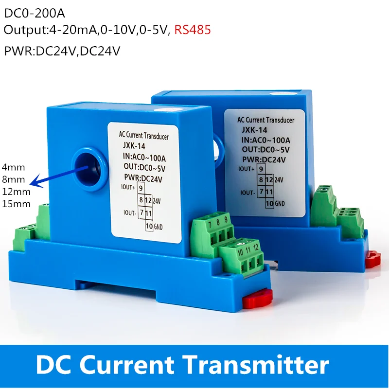 Hall DC Current Sensor Transmitter Output 4-20mA 0-5V rs485 Analog Signal 0-150A Input 12mm 15mm Hole Current Transformer