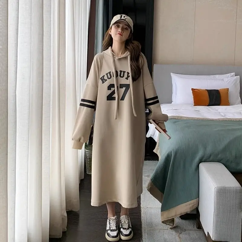 Casual Letter Printing Midi Dress Autumn New Long Sleeve Hooded Solid Loose Plus Size Youth Dresses Fashion Sweet Women Clothing