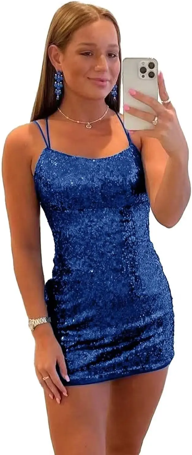 

Spaghetti Strap Backless Sexy Short Tight Homecoming Dresses for Teens Sparkly Sequin Backless Mini Prom Cocktail Party Gowns