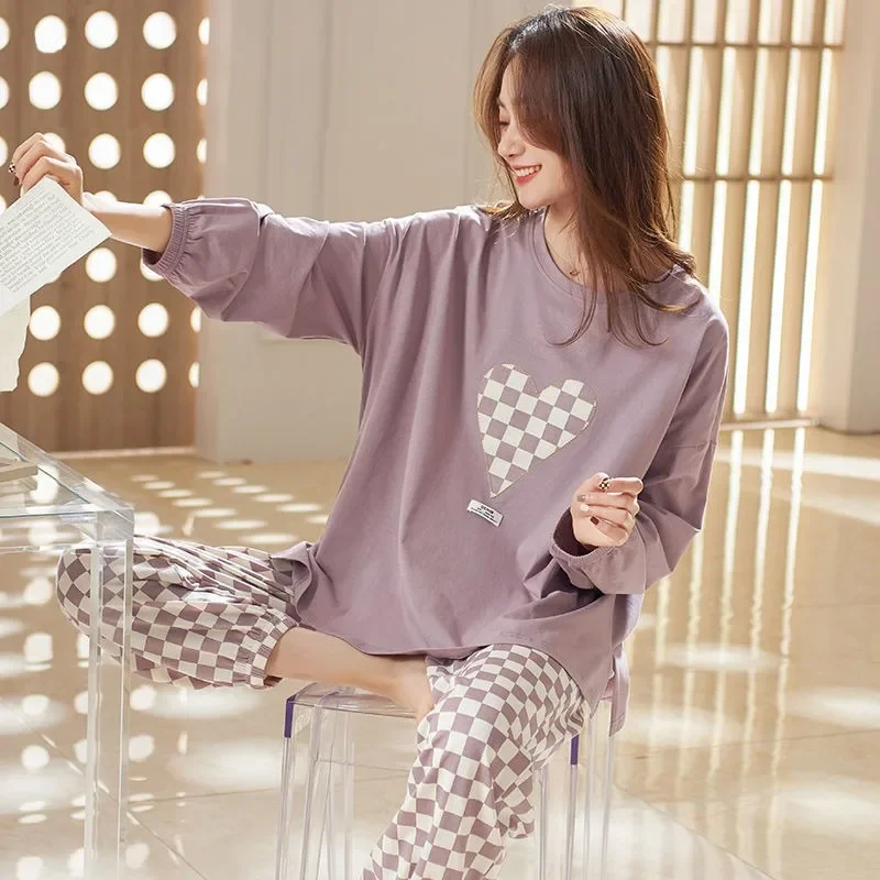 Frühling Herbst Mädchen Casual 2-teiliges Set Pyjama Damen Kordelzug Langarm-Set Einfache Loungewear Damen Rundhals-Pyjama Loungewear