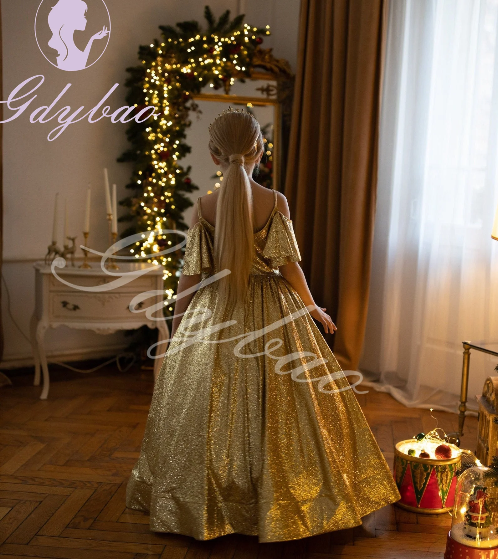 Vestido dorado de flores para niña, vestido largo hasta el suelo para boda, vestido de Navidad para fotografía, vestido de primera comunión para fiesta de cumpleaños de princesa para niños