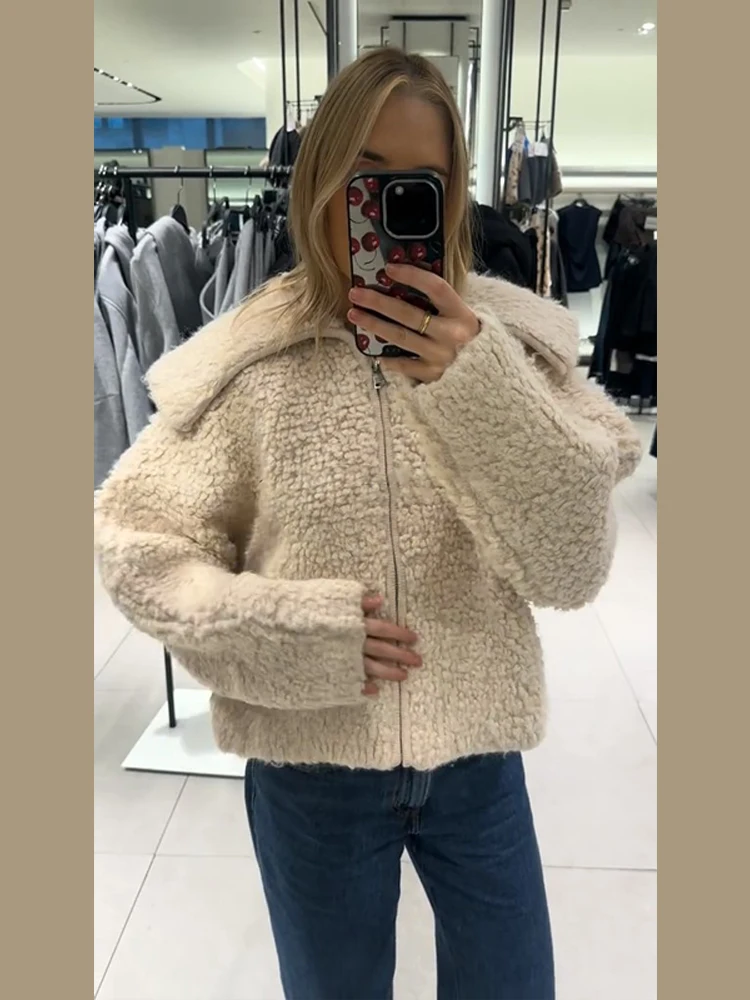 High-Street-Jacke für Damen mit Umlegekragen, Reißverschluss, Strickmuster, langen Ärmeln, locker geschnitten, kurz, einfarbig, lässige Streetwear für Damen, Herbst 2026