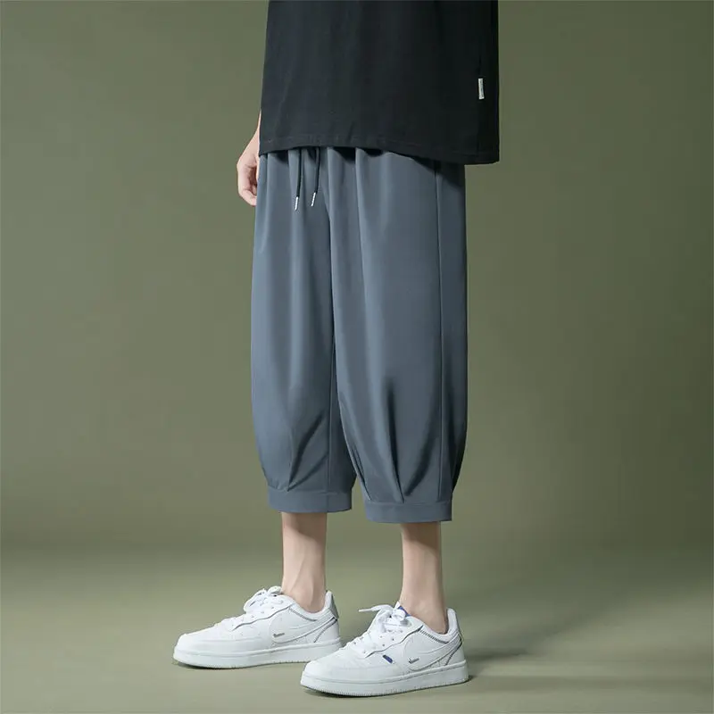 夏のメンズ薄型スタイル 7 点ワイドレッグクローズドランタン日本製アイスシルククロップドパンツ