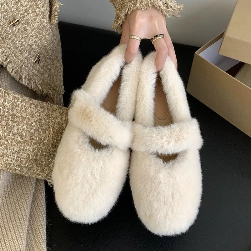 Fairy White Furry Mary Janes Women Warm Mink Fur Shoes Winter Cotton Lined Flats Slip on Ballerinas Ladies Barefoot Wool Loafers view 2