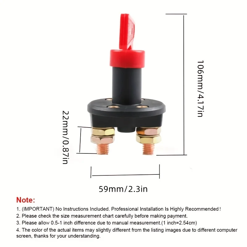 300A High-Current Copper Disconnect Isolator - Car Battery Switch with Easy Installation 12V-24V Removable Key for Enhance