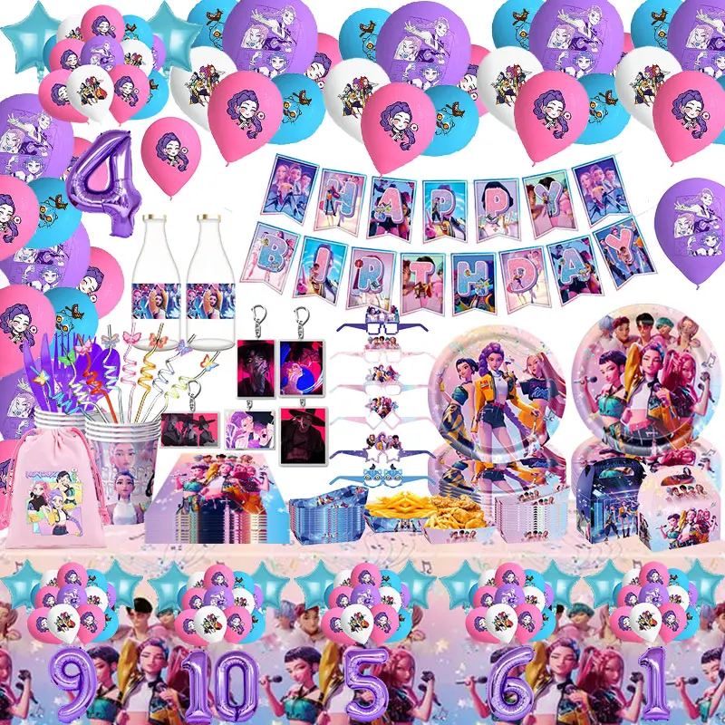 Kpop chasseurs de démons décoration de fête d'anniversaire chasseur démon Kpop ballons d'anniversaire sacs assiettes tasses toile de fond cadeaux de fête fournitures