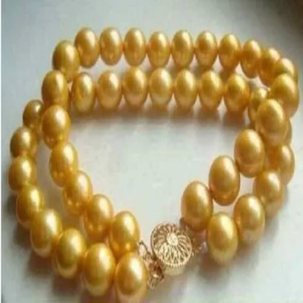 

2 Rows of Natural 9-10mm South Sea Gold Round Pearl Bracelet AAA 14K Gold 7.5-8inch