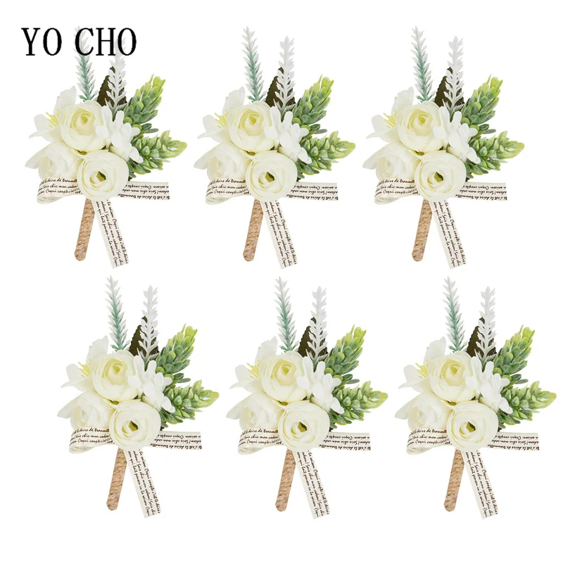 Boutonnières en Rose ivoire blanc, 6 pièces, pour marié et meilleur homme, avec fleur artificielle pour cérémonie de mariage