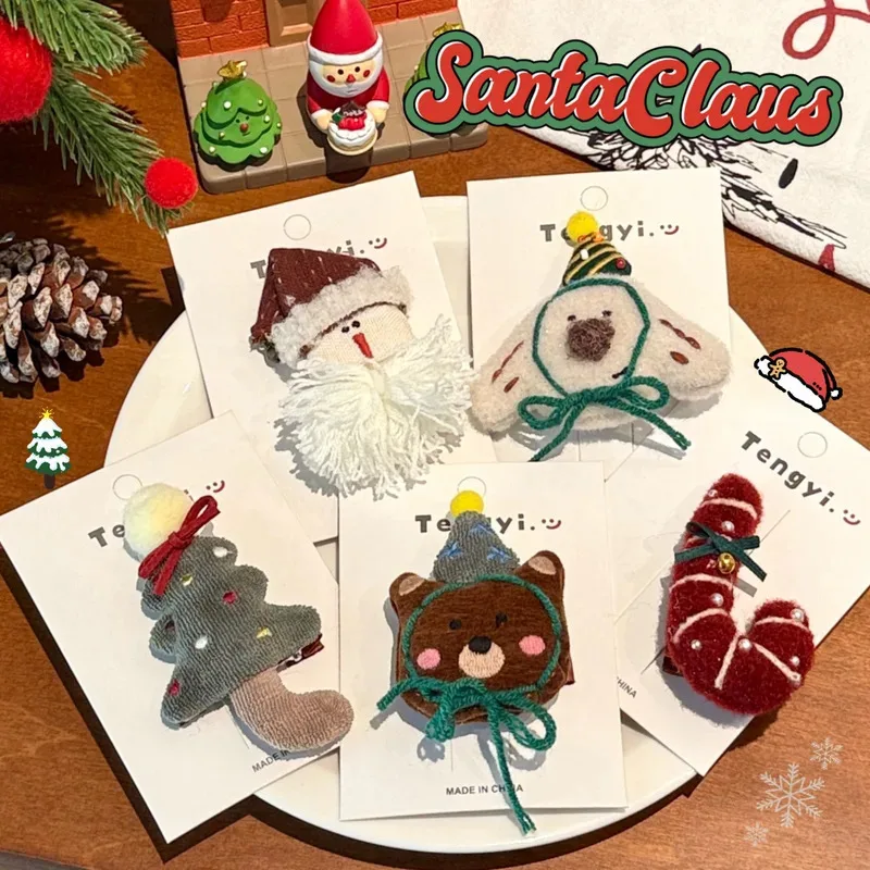 6 قطع من مشبك الشعر القطيفة اللطيف لعيد الميلاد مع مشابك زخرفية متعددة الاستخدامات ومشبك شعر مكسور على شكل دب رجل الثلج #6