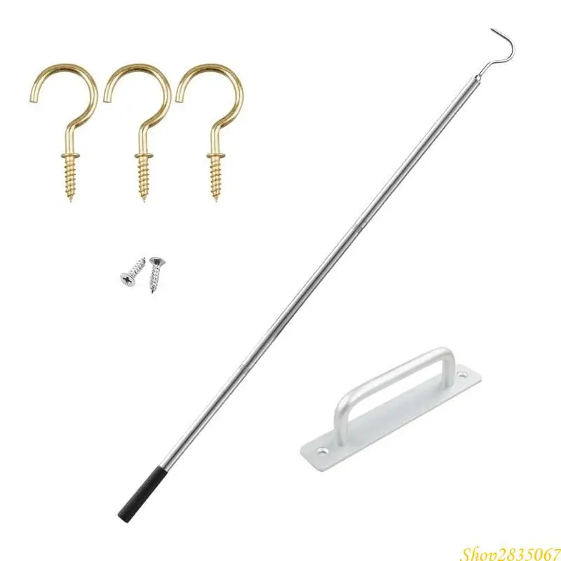 Stainless Steel Telescopic Rod with Aluminum Handle Comprehensive Attic Pull Down Hook Set for Attic Ladder Convenience 831F
