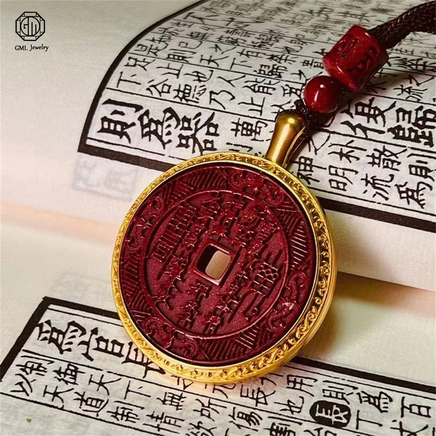 Natural Purple Gold Sand Cinnabar Mountain Ghost Coin Pendant Taoist Amulet Traditional Protective Charm Unisex Necklace