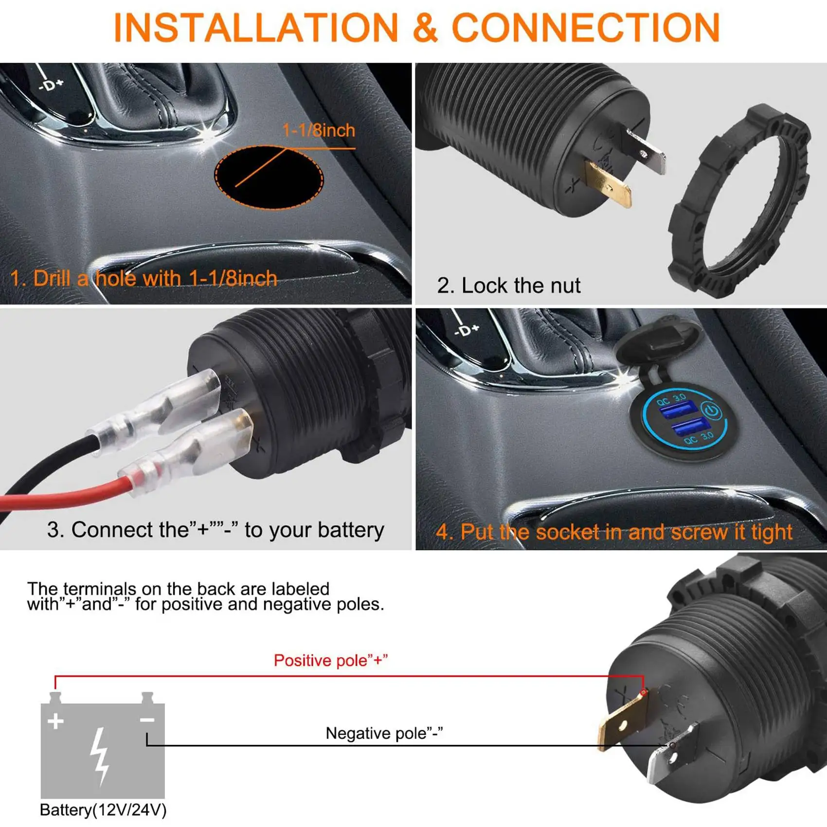 

12V USB Outlet, Dual QC 3.0 USB Car With Switch, 36W USB Waterproof Power Outlet (With 1.1Inch Puncher)