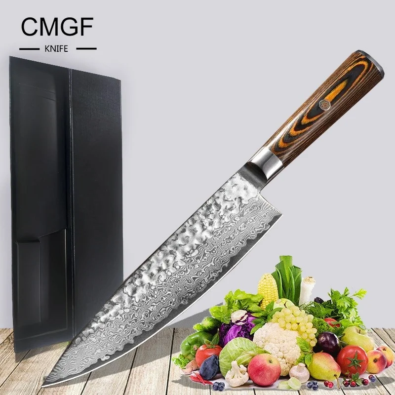 CMGF Chef knife Damascus 7.7-inch Japanese Meat Cutting Kitchen Knife Color Wood Handle Utility Knife for Beef Slicing