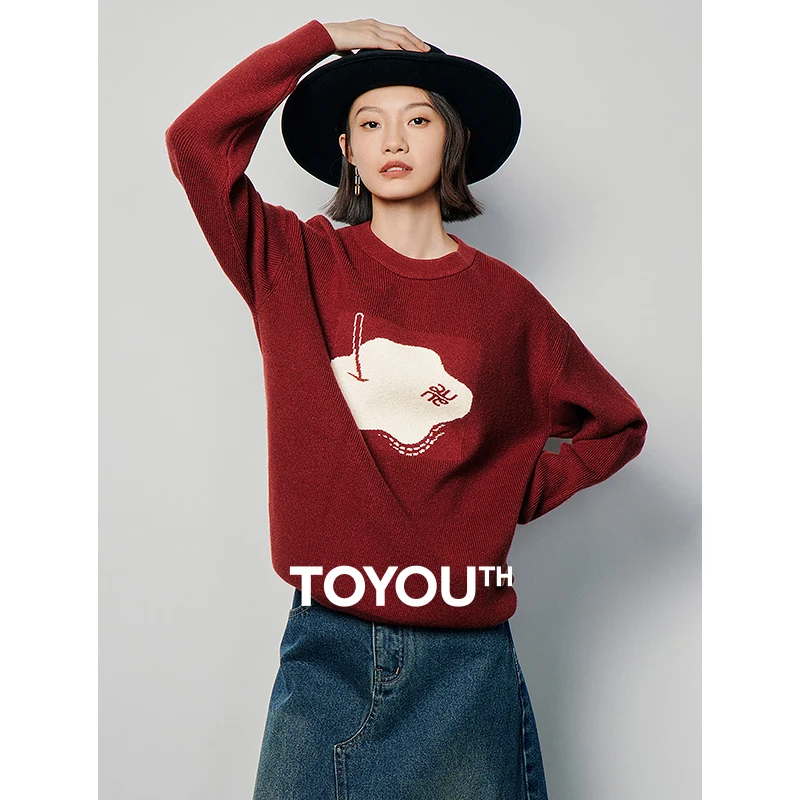 Toyouth Women Sweater 2023 Winter Long Sleeve O Neck Loose Knitwear Apple Print Christmas Day Warm Soft Red Clothes Tops