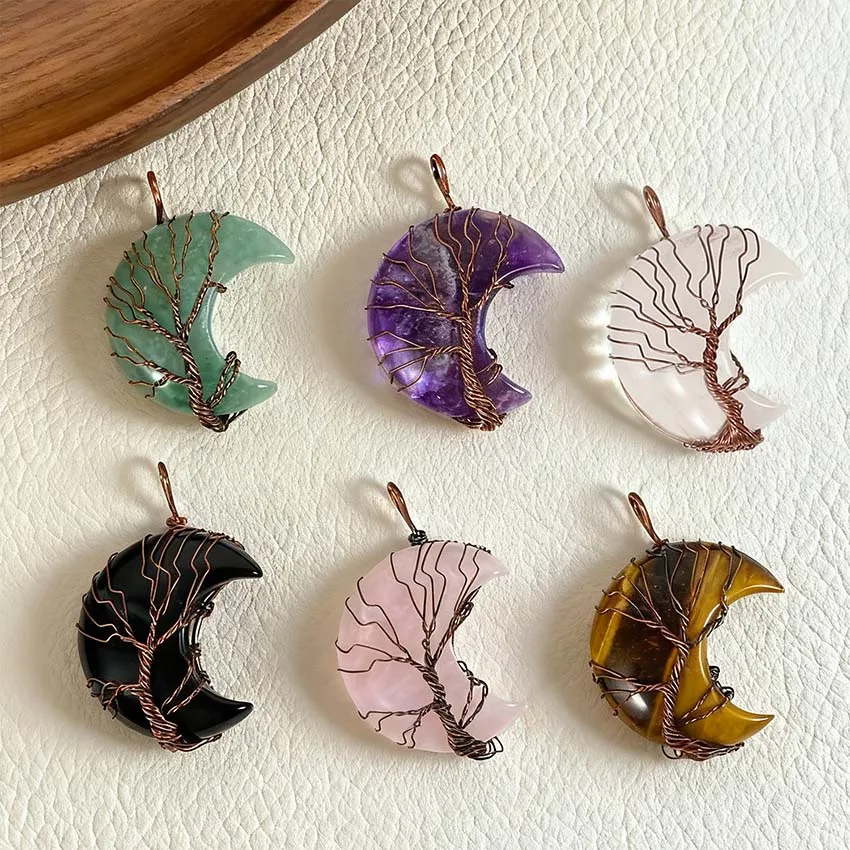Charms Natural Healing Crystal Crescent Moon Stone Pendants for Women DIY Necklace Amethyst Rose Quartz Agate Choice Men Jewelry