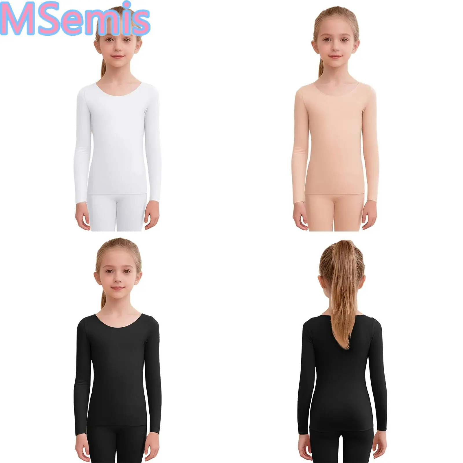 Kids Girls Seamless Thermal Tops Round Neck Long Sleeve Pullover Underwear Top for Dance Practice Warm Up