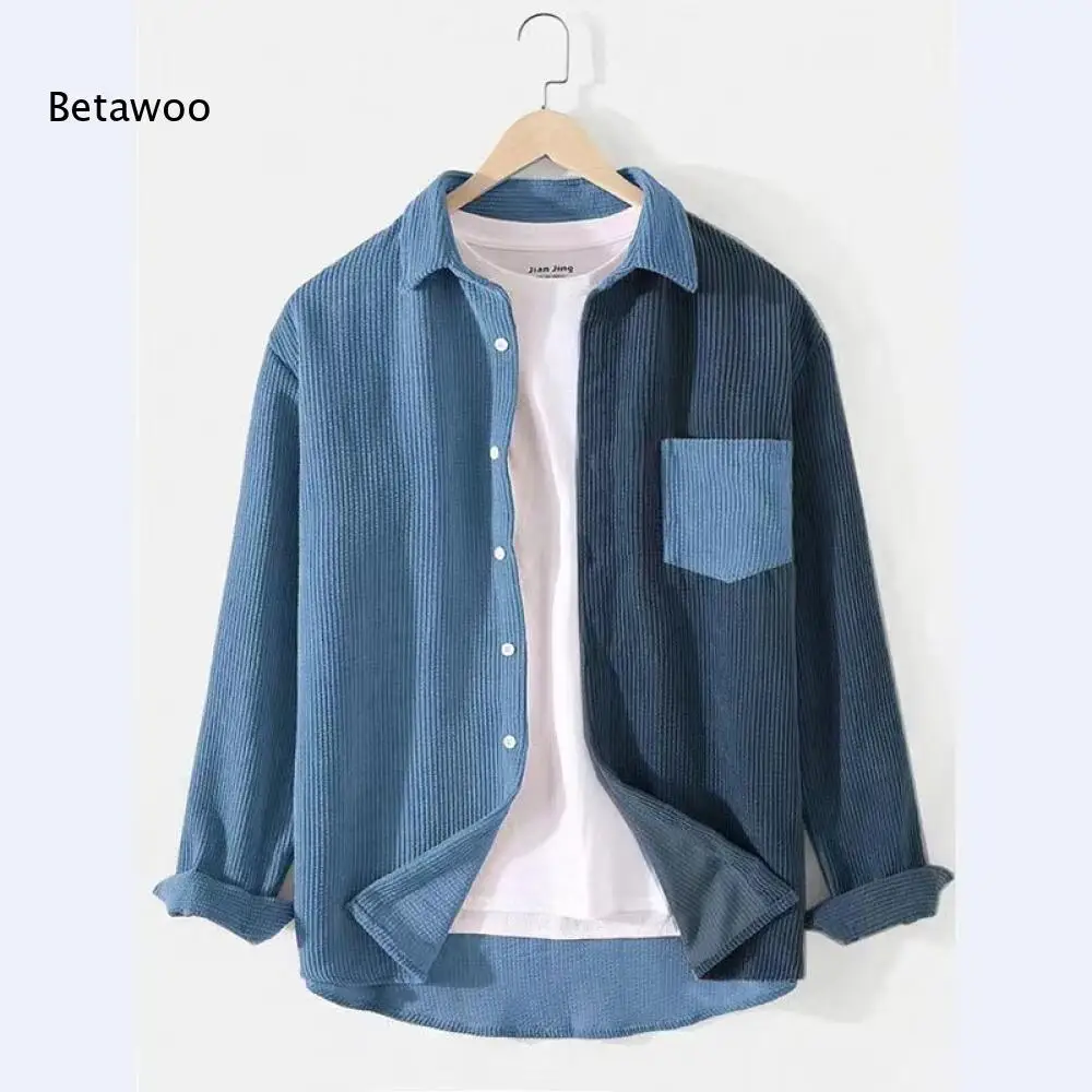 Men Daily Long Sleeve Lapel Collar Shirt Two Tone Ribbed Texture With Chest Pocket For Cool Weather Casual Daily Outfit For Men
