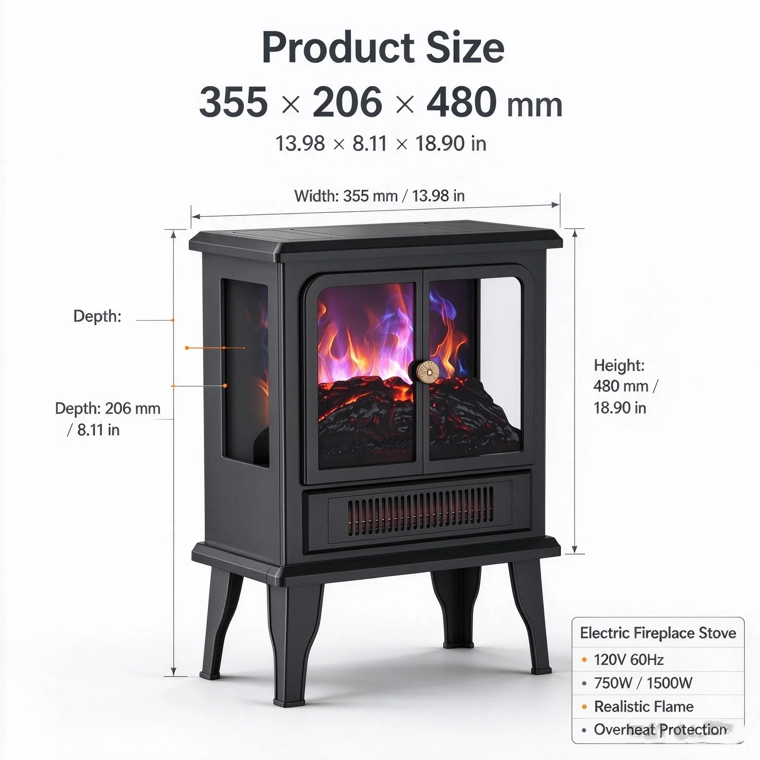 Electric Fireplace Stove Heater, 750W/1500W Realistic Flame, Thermostat & Overheat Protection
