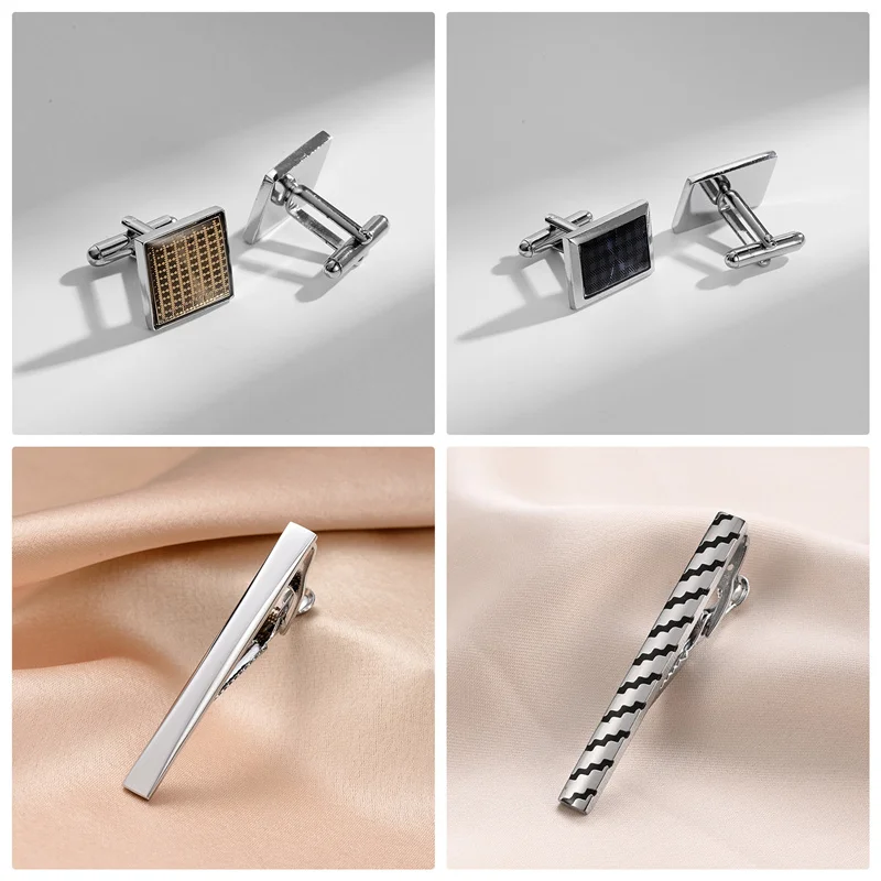 4 Sets Tie Clips & Cufflinks For Men Man Shirt Cufflink Wedding Guests Gift With Box Pisa Ties Pin Luxury Men's Gift For Husband