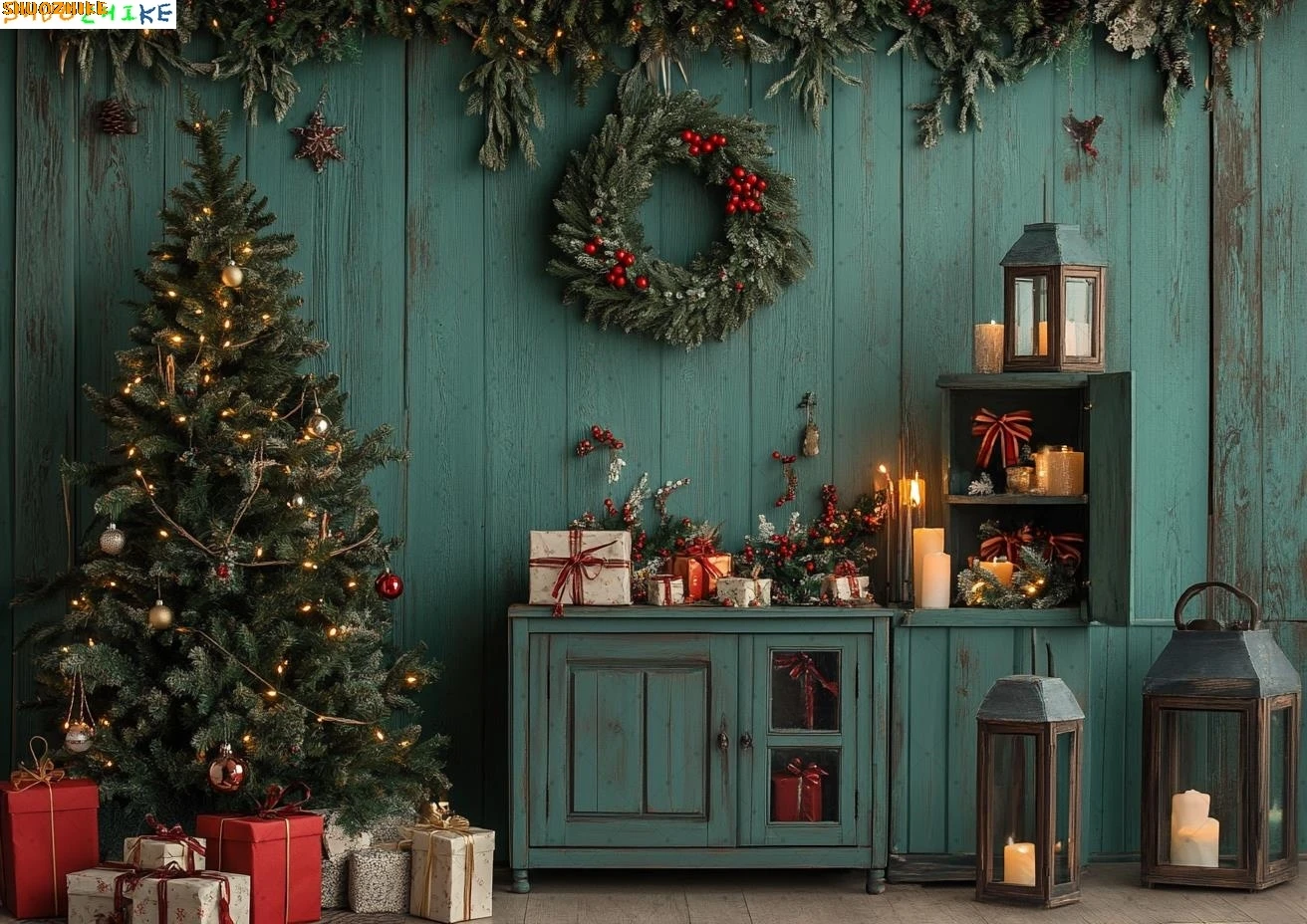 

Photography Background Christmas Gingerbread Wood Door Gifts Xmas Tree Kids Family Portrait Decor Backdrop Photo Studio