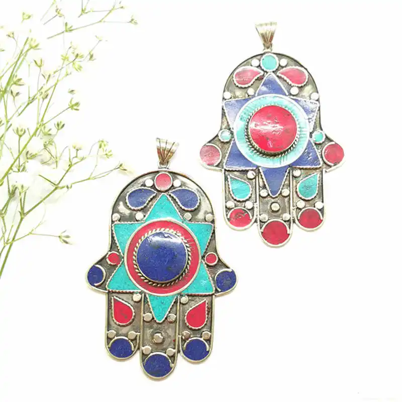 Tibetan Buddha Hand Amulet Pendants White Metal Copper Inlaid Colorful Stone Vintage Pendant TBP535