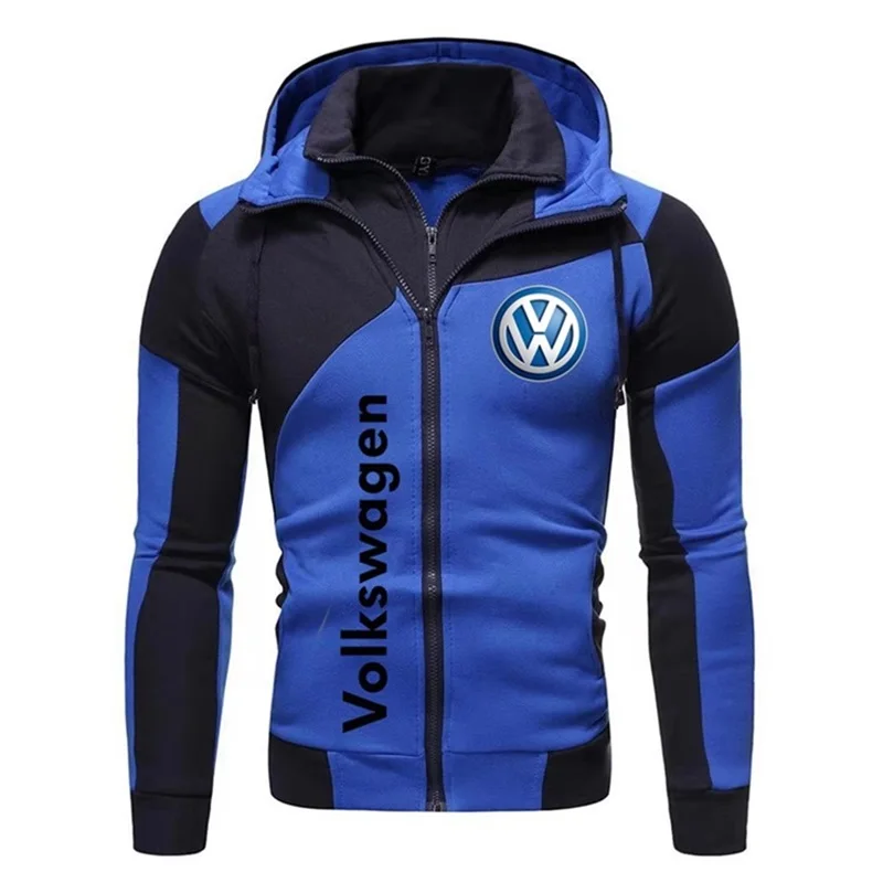 2025 Autumn/winter men's motorcycle jacket, Volkswagen logo printed men's sports hooded double zipper sweatshirt