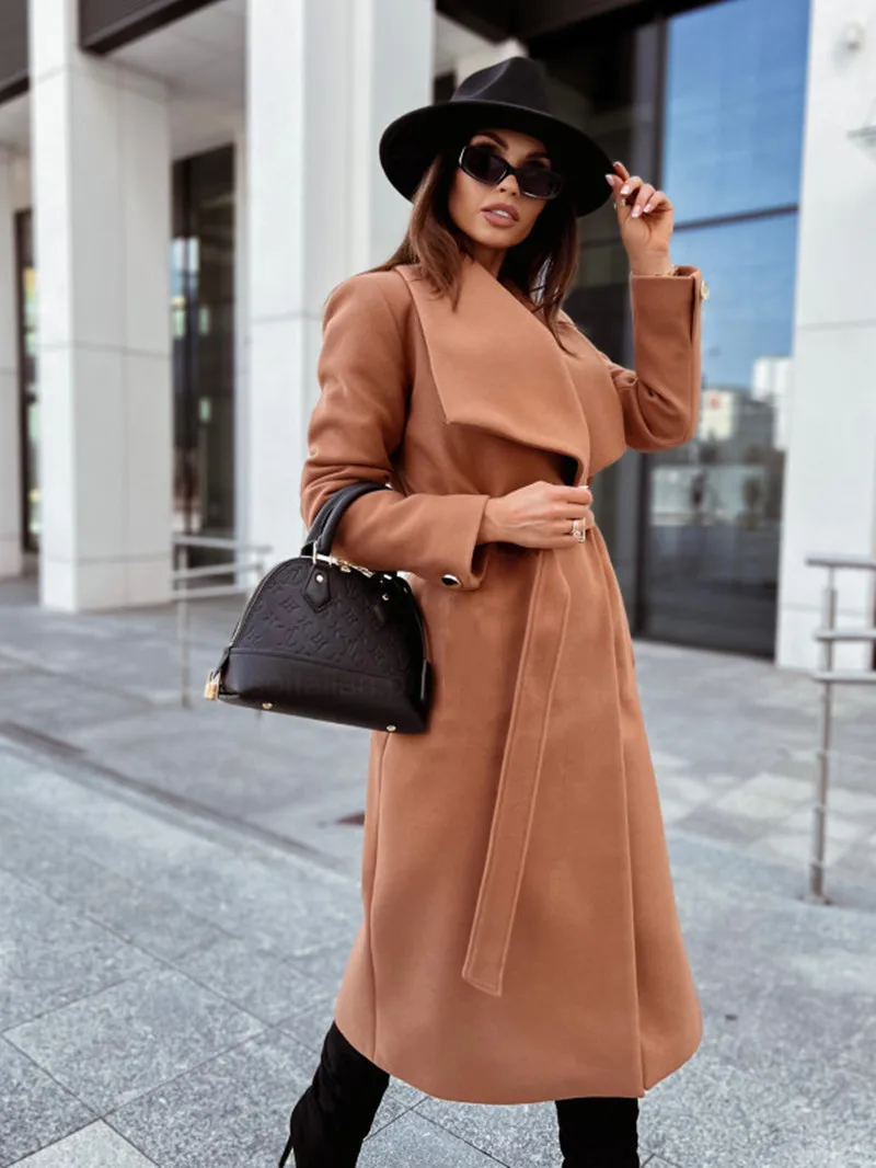 

Elegant Female Belt Winter Trench Coats Long Sleeve V Neck Slim Office Solid Coat Vintage Women Streetwear Long Overcoats