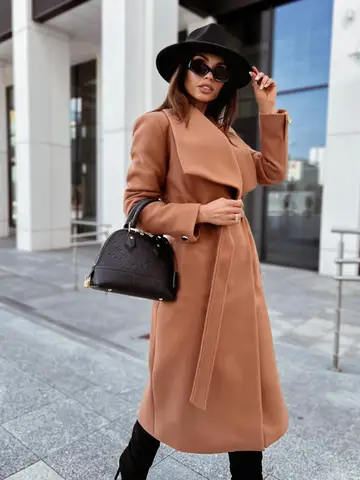 Women's Elegant Camel Wool Blend Long Coat with Belted Waist Notch Lapel and Single Breasted Buttons for Winter Fashion