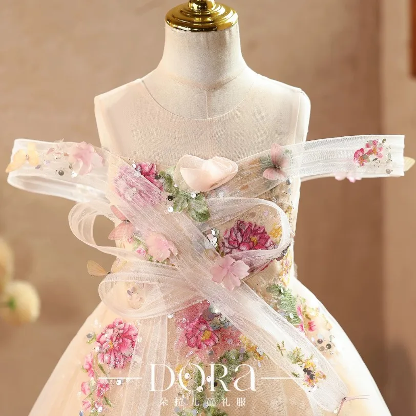 Mädchen Champagner Off-Shoulder Langes Tüllkleid 3D Blumen-Pailletten-Prinzessinnenkleid für Hochzeit Geburtstag Festzug Party Auftritt A5100 – Detail 7