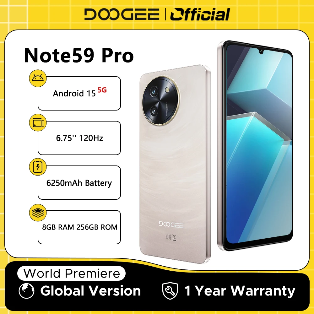 Global Version DOOGEE Note59 Pro 5G Smartphone Android 15 Mobile Phone 8GB RAM 256GB ROM 6.75