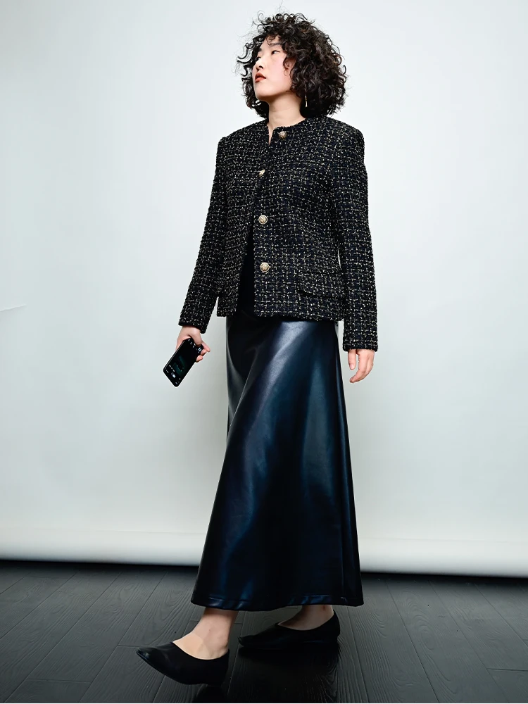 

Новая женская кожаная юбка А-силуэта с высокой талией, осенне-зимняя, средней длины, выше колена, стройнящая, длинная юбка