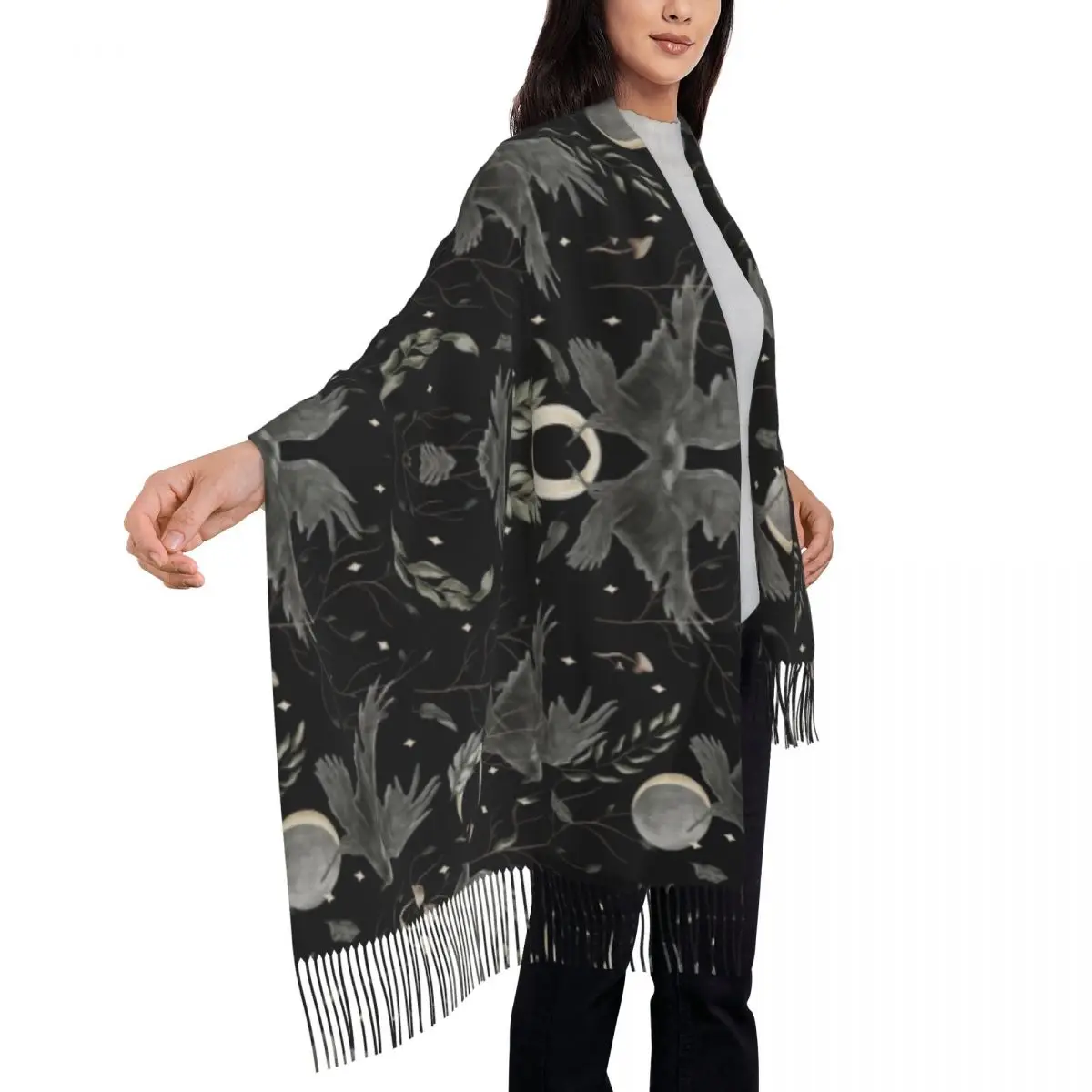 Custom Crow Moon Tassel Scarf Women Soft Halloween Spooky Witch Shawls Wraps Female Winter Fall Scarves