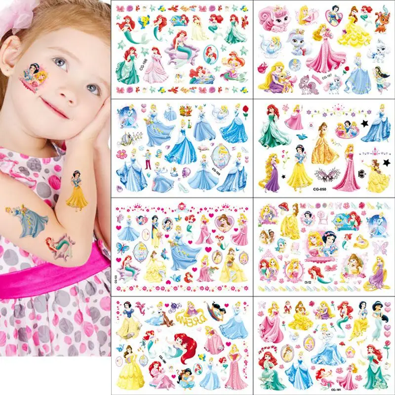 Disney Princess Tattoo Sticker Cartoon Snow White Belle Ariel Figure Sticker Toy for Girls Children's Birthday Party Gift