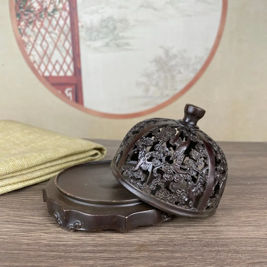 Antique metal ornaments Open lid plate incense burner Diameter 10 cm, height approximately 8 cm, weight approximately 312 grams