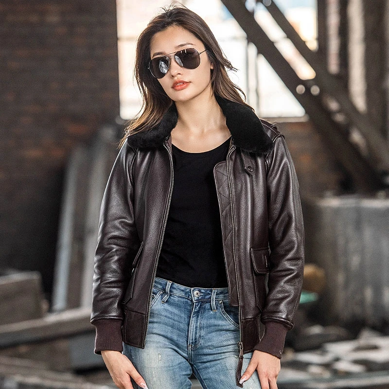 Chaqueta de cuero de piloto G1 para mujer, abrigos de estilo militar, piel de vaca Natural, talla grande 3XL, color marrón oscuro, otoño