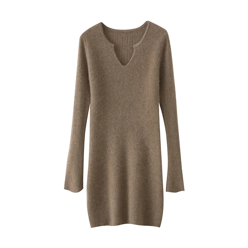 

Choice Women 100% Merino Wool Dresses V-neck Waist Cinching Dresses Autumn Winter Office Lady Grace Luxury Knitwear Dress Tops
