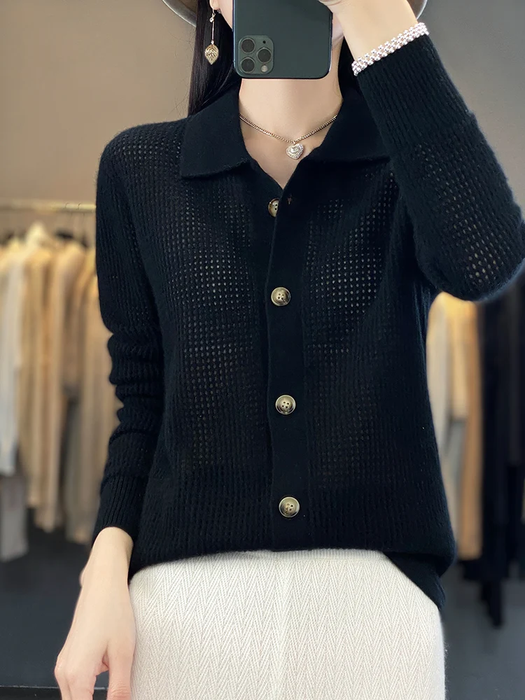 New Spring Autumn Women POLO Collar Cardigan 100% Pure Wool Knitwear Long Sleeve Hollow Out Cashmere Sweater Korean Style Tops