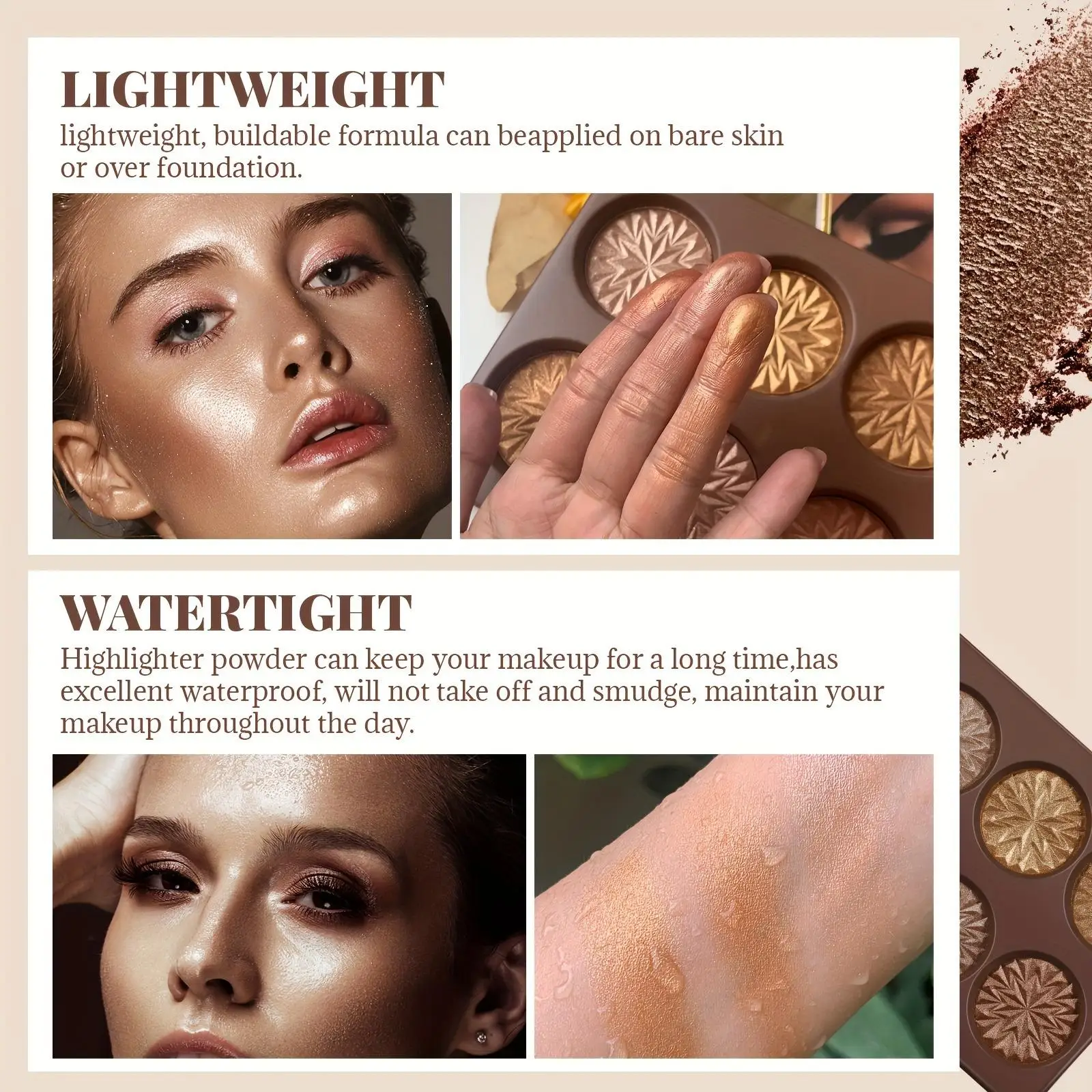 Palette de surligneurs 6 couleurs – Poudre pressée scintillante de ton profondeur pour une lueur complète du visage. Maquillage visage couverture complète avec lumino