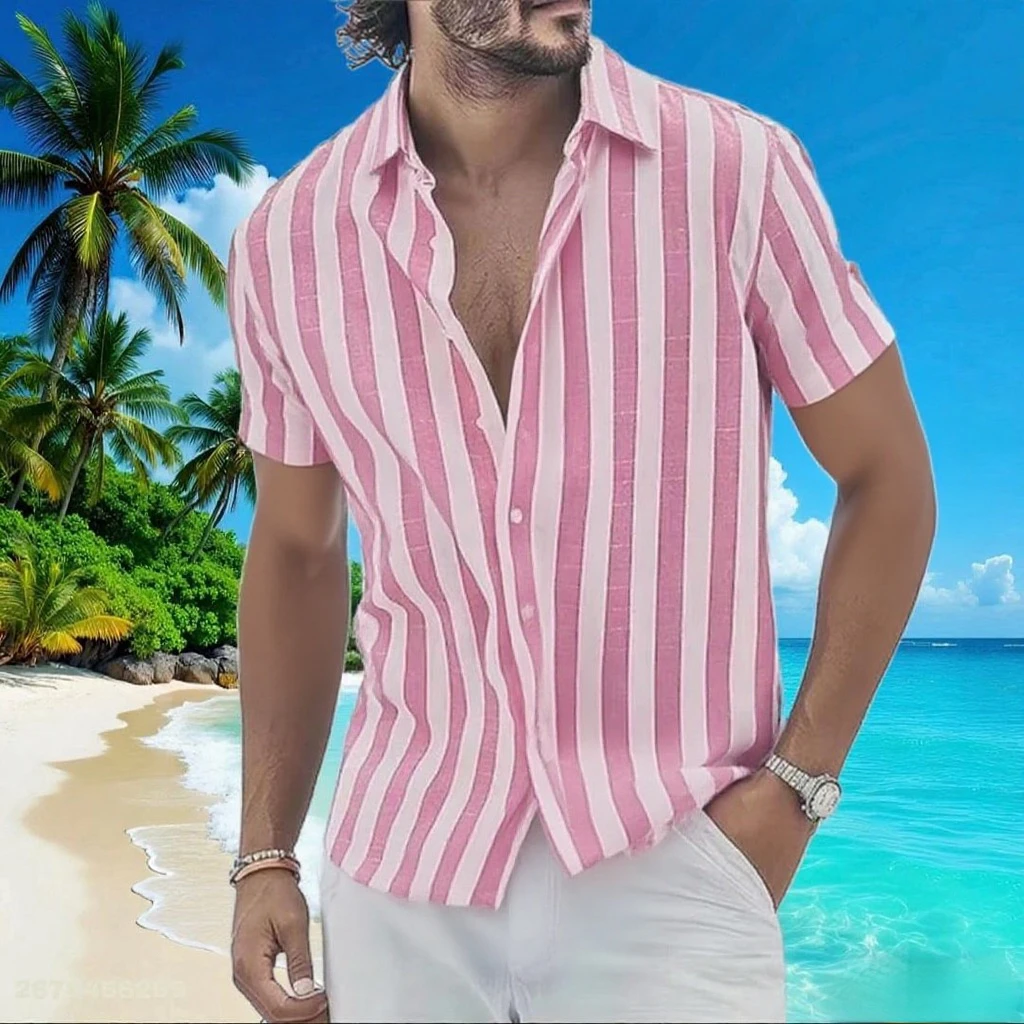 Men's Multicolor Geometric Striped Button Short Sleeve Shirt Fashionable and Comfortable Fabric Daily Beach Vacation Shirt