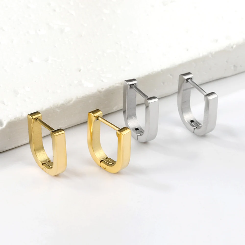 ASON Simple Oval U-Shaped Hoop Earrings For Women Men Gold Color Stainless Steel Chunky Huggie Cartilage Earring Fashion Jewelry