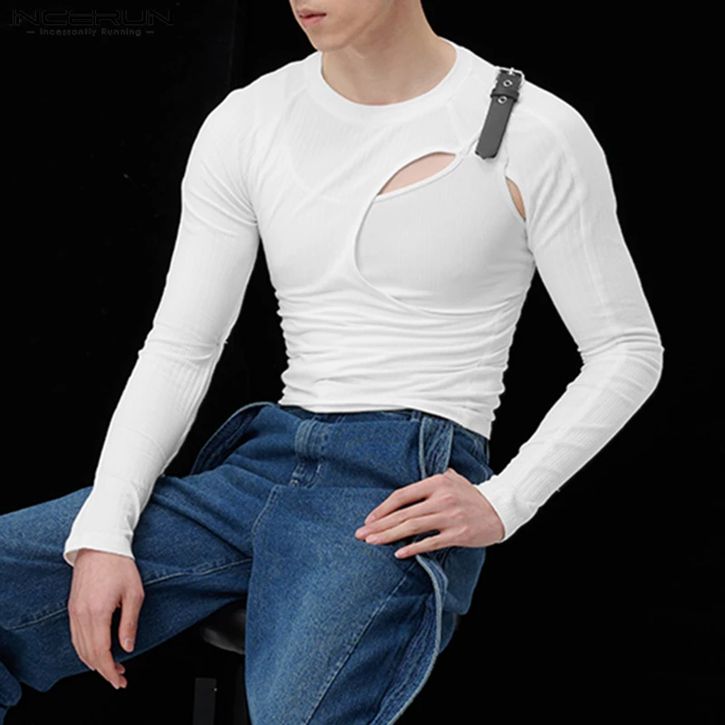 2023 Men T Shirts O-neck Long Sleeve Hollow Out Patchwork Irregular Tee Tops Fitness Streetwear Fashion Men Clothing INCERUN