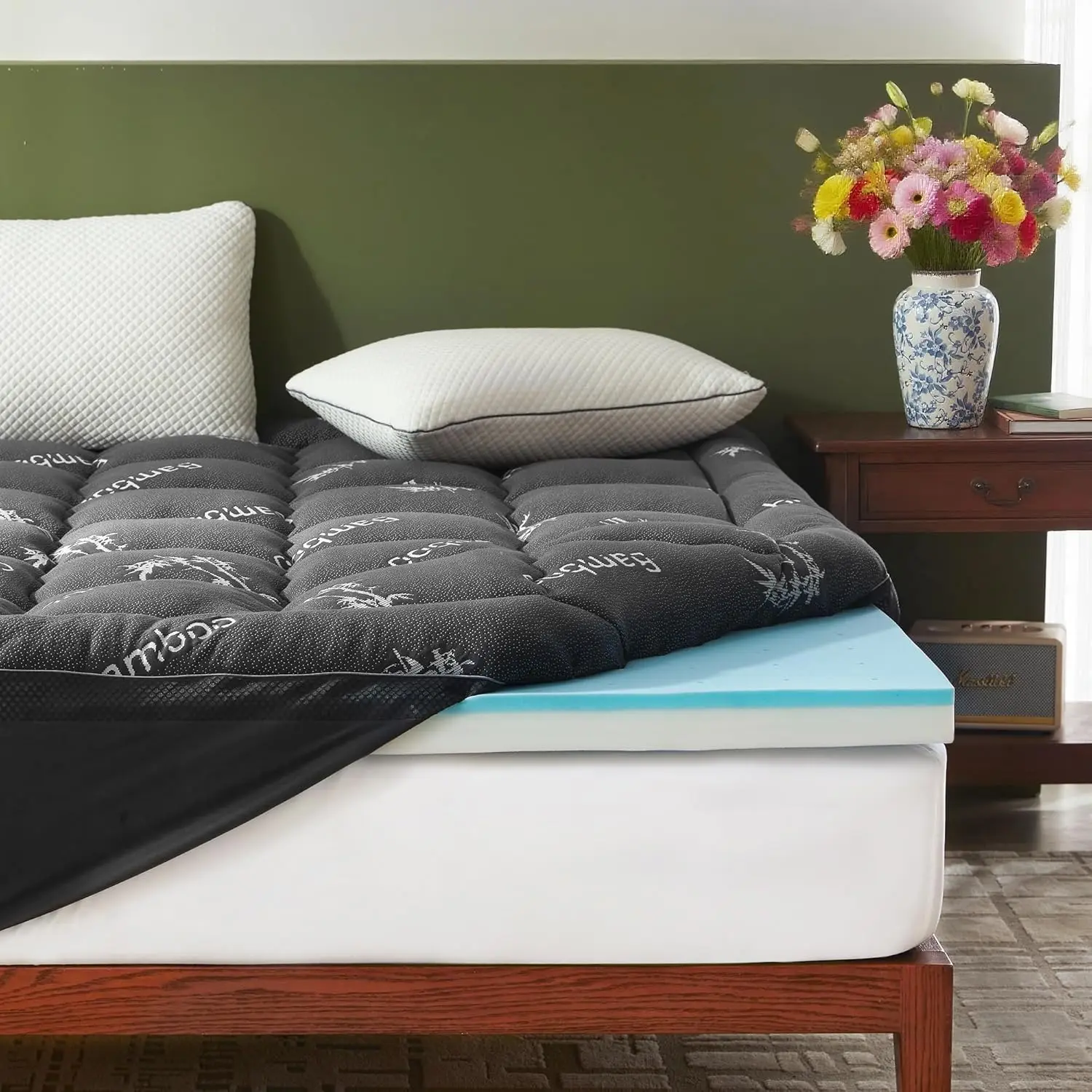 4 Inch Memory Foam Mattress Topper King, 2-in-1 Dual Layer Design Medium-Firm, Pressure Relief & Back Pain Support, Dark Gray