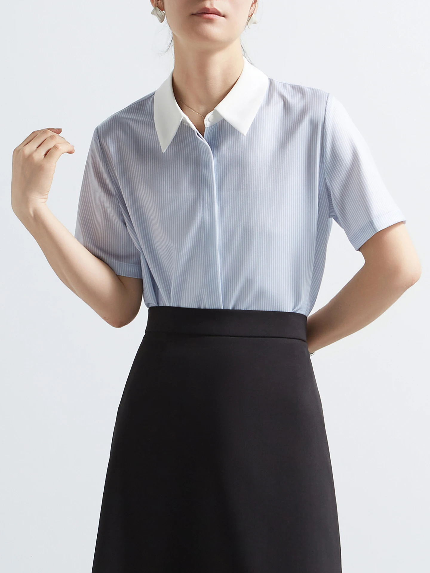 

CHICBLISS Women's Striped Shirt Short Sleeve Professional OL Style Commute Fashionable Polyester Satin Summer New Arrival