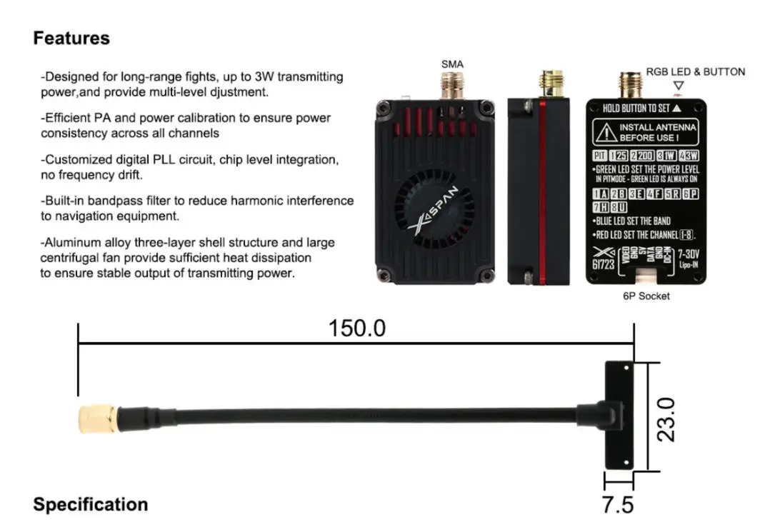 

RUSHFPV 6.1G-7.2G 3W 64CH VTX 6000MHz-7500MHz Control Protocol IRC Tramp PIT 50mW 200mW 1000mW 3000mW