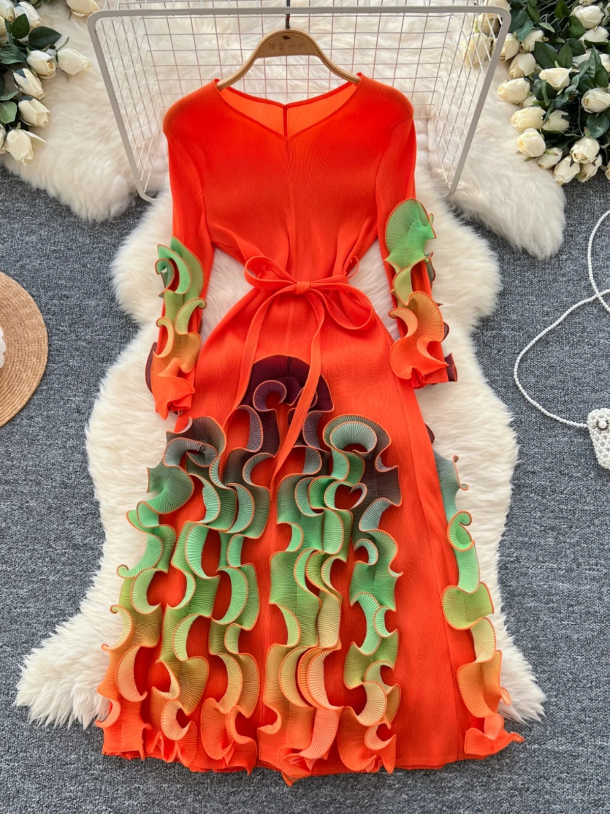 Diseño pado retro Borde de ano de ma Color deadado Cintura con cinturón Vestido de sensación de alta calidad Estil...